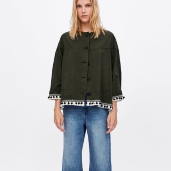 Zara Cotton Jacket NAVY Cream Pom Poms and Tassel Medium - Picture 1 of 15